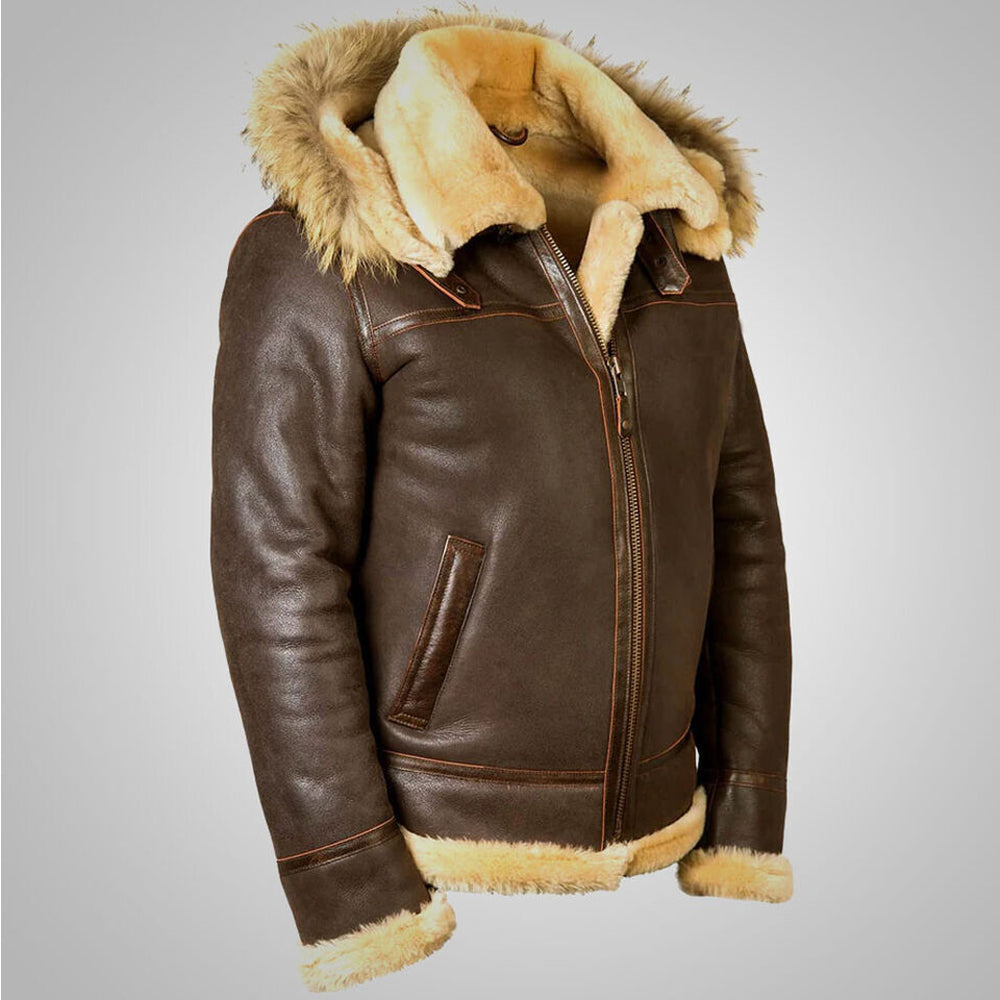 Hooded B-3 Shearling Leather Jacket – Antiqued Saddle Brown