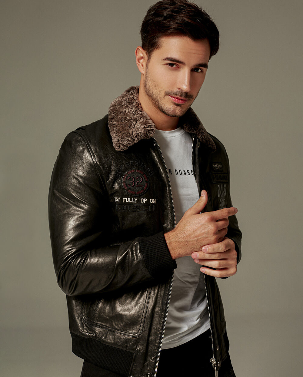 Black Fur Collar Bomber Moto Leather Jacket