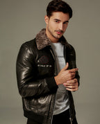 Black Fur Collar Bomber Moto Leather Jacket