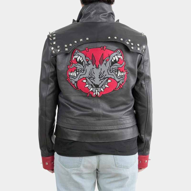 Men and Women Black and Red Sheepskin Leather Arcane LOL Pit 2 Fighter Vi Cosplay Jacket with Studded Detail