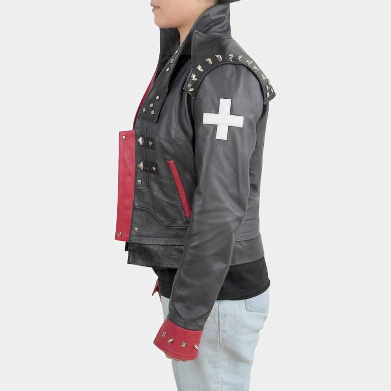 Men and Women Black and Red Sheepskin Leather Arcane LOL Pit 2 Fighter Vi Cosplay Jacket with Studded Detail