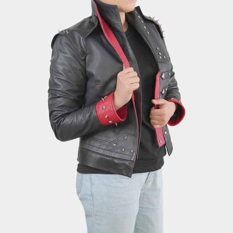 Men and Women Black and Red Sheepskin Leather Arcane LOL Pit 2 Fighter Vi Cosplay Jacket with Studded Detail