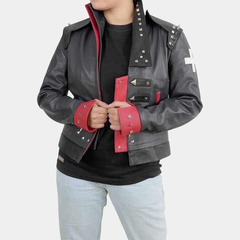 Men and Women Black and Red Sheepskin Leather Arcane LOL Pit 2 Fighter Vi Cosplay Jacket with Studded Detail