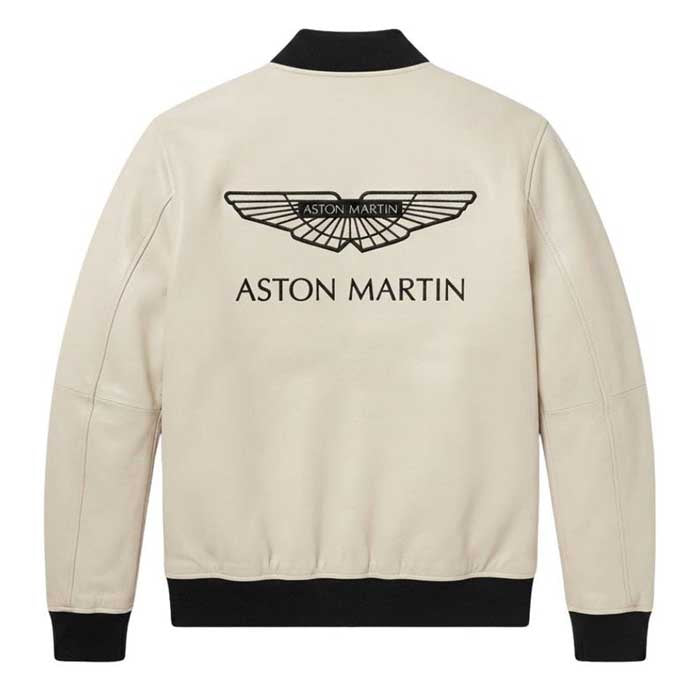 Aston Martin Cream Leather Bomber Jacket - Handmade Racing Motorsport Style