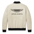 Aston Martin Cream Leather Bomber Jacket - Handmade Racing Motorsport Style