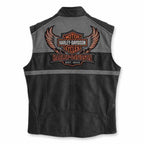 Men's Black and Gray Genuine Leather Harley Davidson Biker Vest with Side Stretch Panels