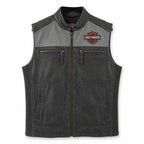 Men's Black and Gray Genuine Leather Harley Davidson Biker Vest with Side Stretch Panels