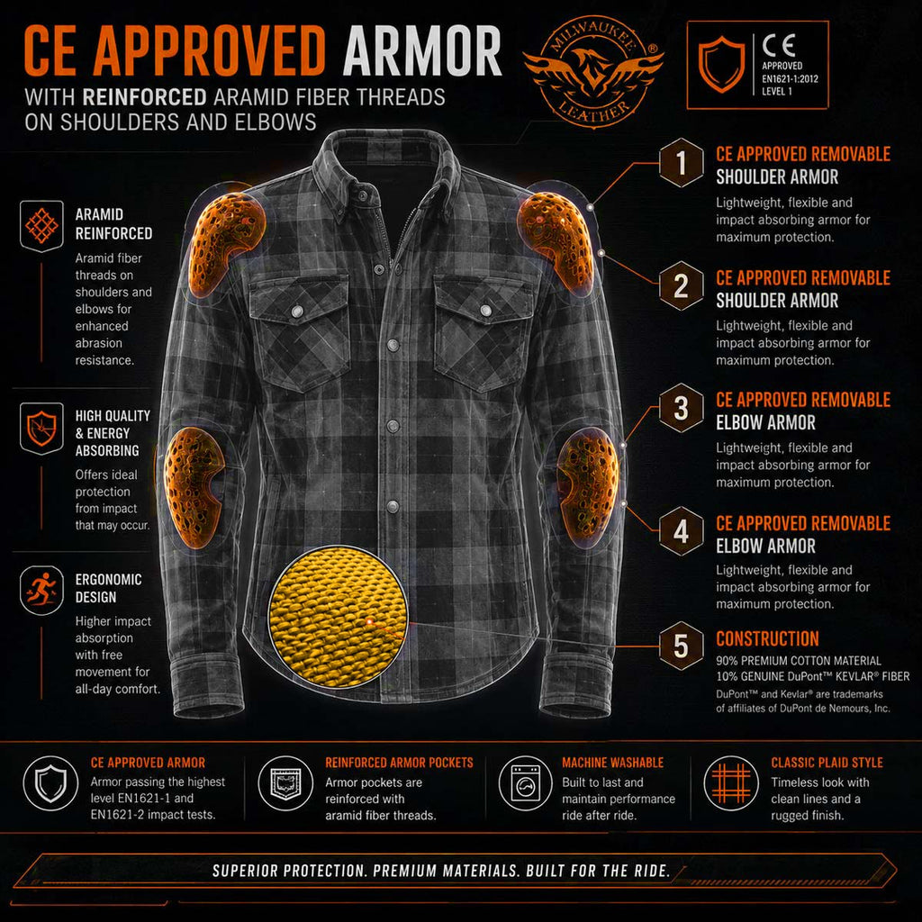 Milwaukee Leather MPM1636 Men’s Armored Riding Flannel – Full Aramid Fiber Lined, CE Shoulder/Elbow Armor