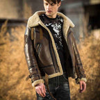 Mens Military Aviator Shearling Fur Brown Leather Jacket