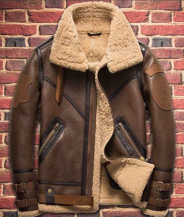 Mens Military Aviator Shearling Fur Brown Leather Jacket