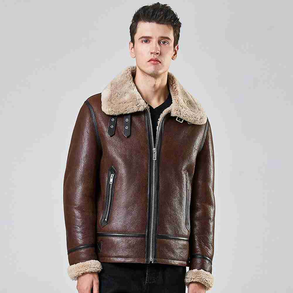 New Mens Shearling Sheepskin B3 Bomber Aviator Motorcycle Jacket