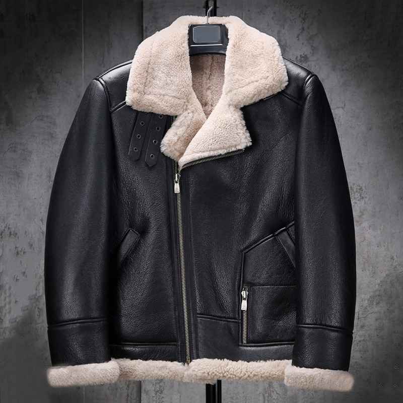 Mens Classic Black B3 Bomber Flight Shearling Sheepskin Leather Aviator Jacket