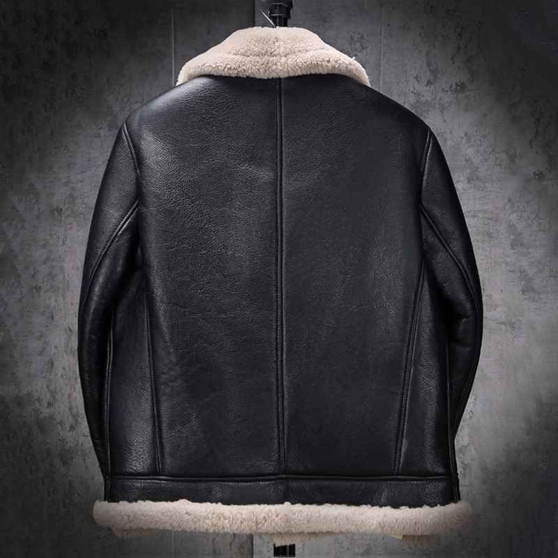 Mens Classic Black B3 Bomber Flight Shearling Sheepskin Leather Aviator Jacket