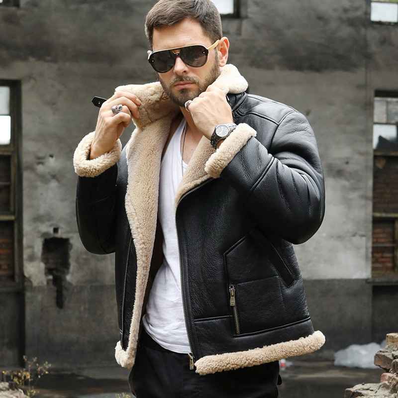 Mens Classic Black B3 Bomber Flight Shearling Sheepskin Leather Aviator Jacket