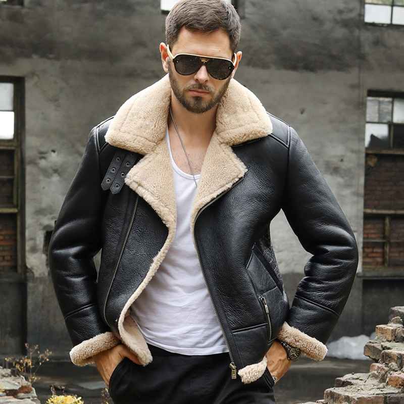 Mens Classic Black B3 Bomber Flight Shearling Sheepskin Leather Aviator Jacket