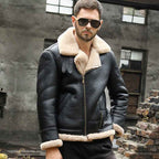 Mens Classic Black B3 Bomber Flight Shearling Sheepskin Leather Aviator Jacket