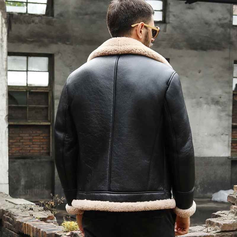 Mens Classic Black B3 Bomber Flight Shearling Sheepskin Leather Aviator Jacket