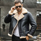 Mens Classic Black B3 Bomber Flight Shearling Sheepskin Leather Aviator Jacket