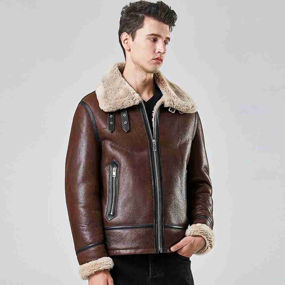 New Mens Shearling Sheepskin B3 Bomber Aviator Motorcycle Jacket