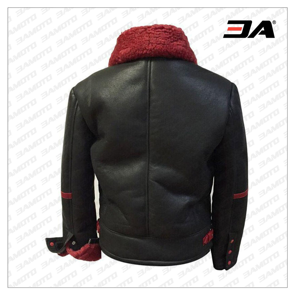 Aviator Red Black Shearling Leather Fur Jacket