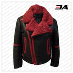 Aviator Red Black Shearling Leather Fur Jacket