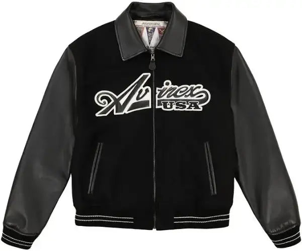 Avirex Black Script Wool Leather Letterman Jacket