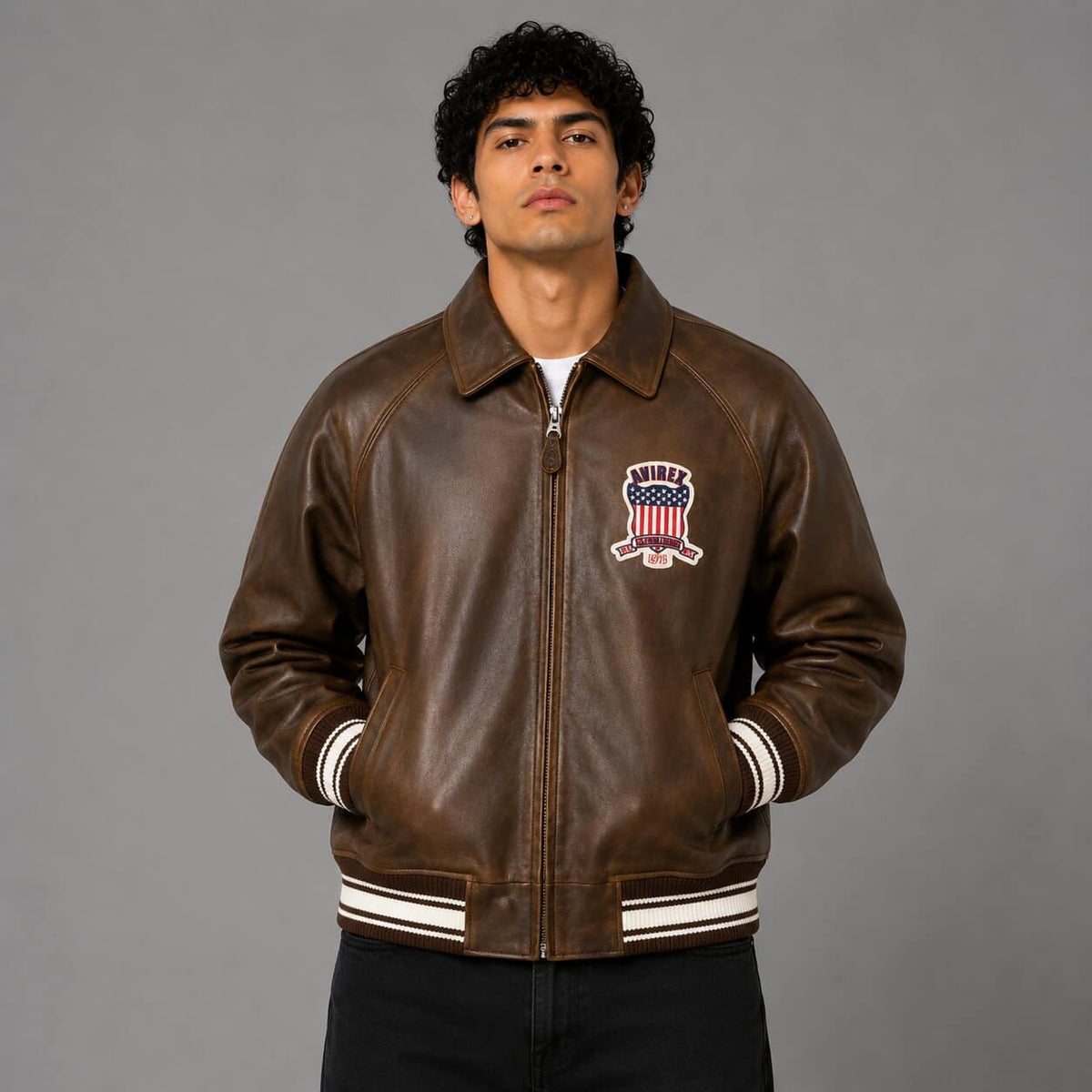 Avirex Vintage Brown Leather Letterman Jacket Limited Edition