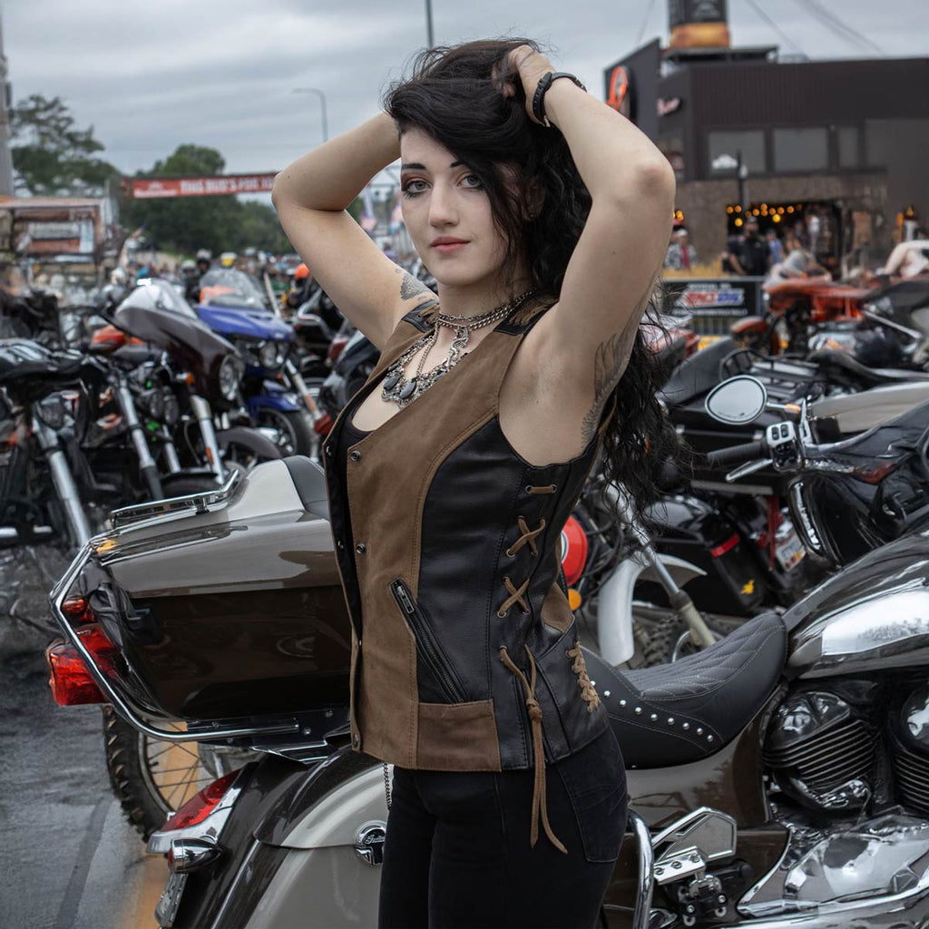 Milwaukee Leather Women's MLL4509 Smoocher Two Tone Crazy Horse Brown and Black Leather Club Style Motorcycle Vest