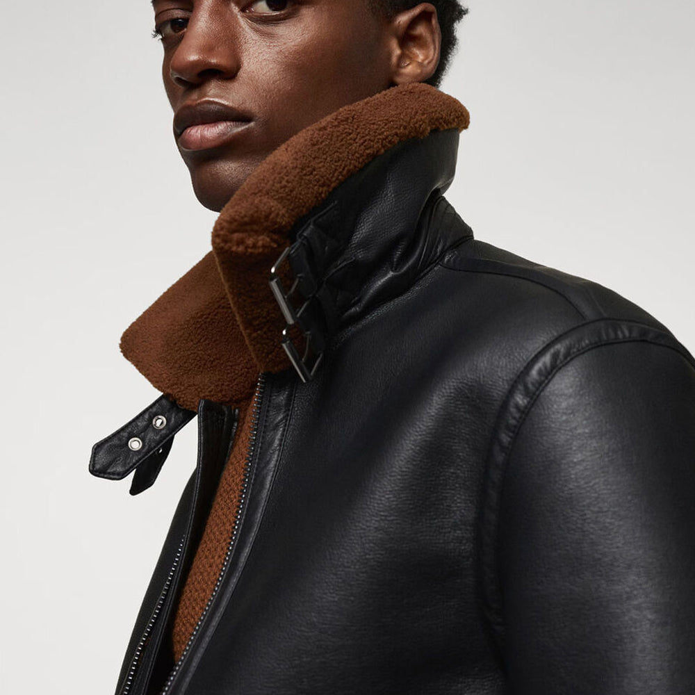 B-3 Aviator Shearling Leather Jacket – Jet Black with Tobacco Brown Fur