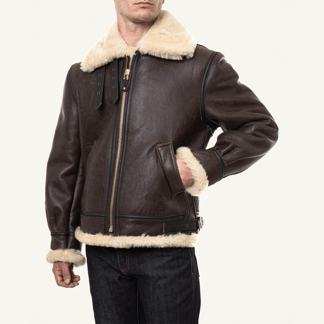 Mens Classic Brown Sheepskin B3 Bomber Shearling Jacket