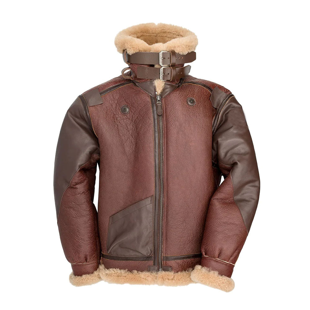 Men's B-3 Shearling Bomber Jacket with Cowhide Overlays & Cream Wool