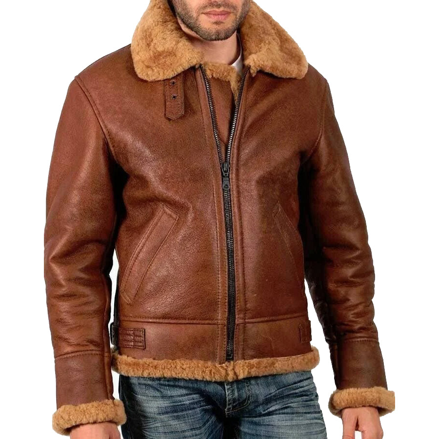 Men's Brown B3 Aviator Sheepskin WW2 Bomber Leather Pilot Jacket