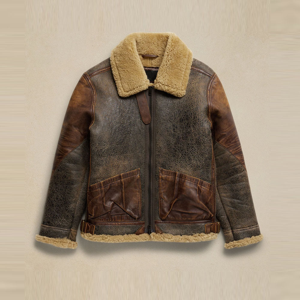 Men's Brown B3 Aviator Sheepskin Leather Bomber Jacket