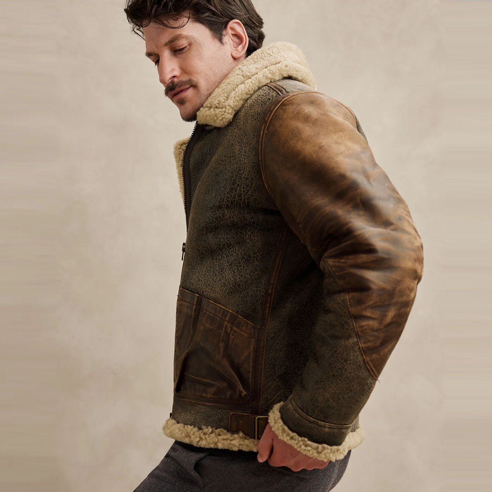 Men's Brown B3 Aviator Sheepskin Leather Bomber Jacket
