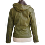 Olive Green Brando Genuine Leather Jacket with Detachable Hood