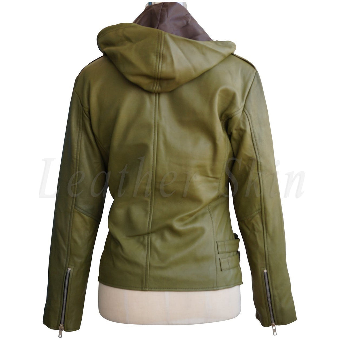 Olive Green Brando Genuine Leather Jacket with Detachable Hood
