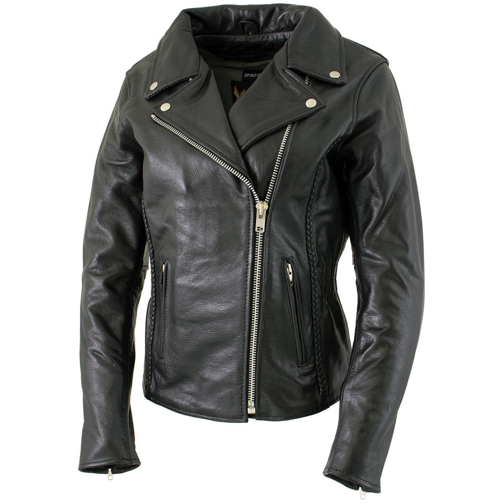 Milwaukee Leather LKL27001 Women's Classic Braided Premium Black Leather Fitted Motorcycle Riders Biker Jacket