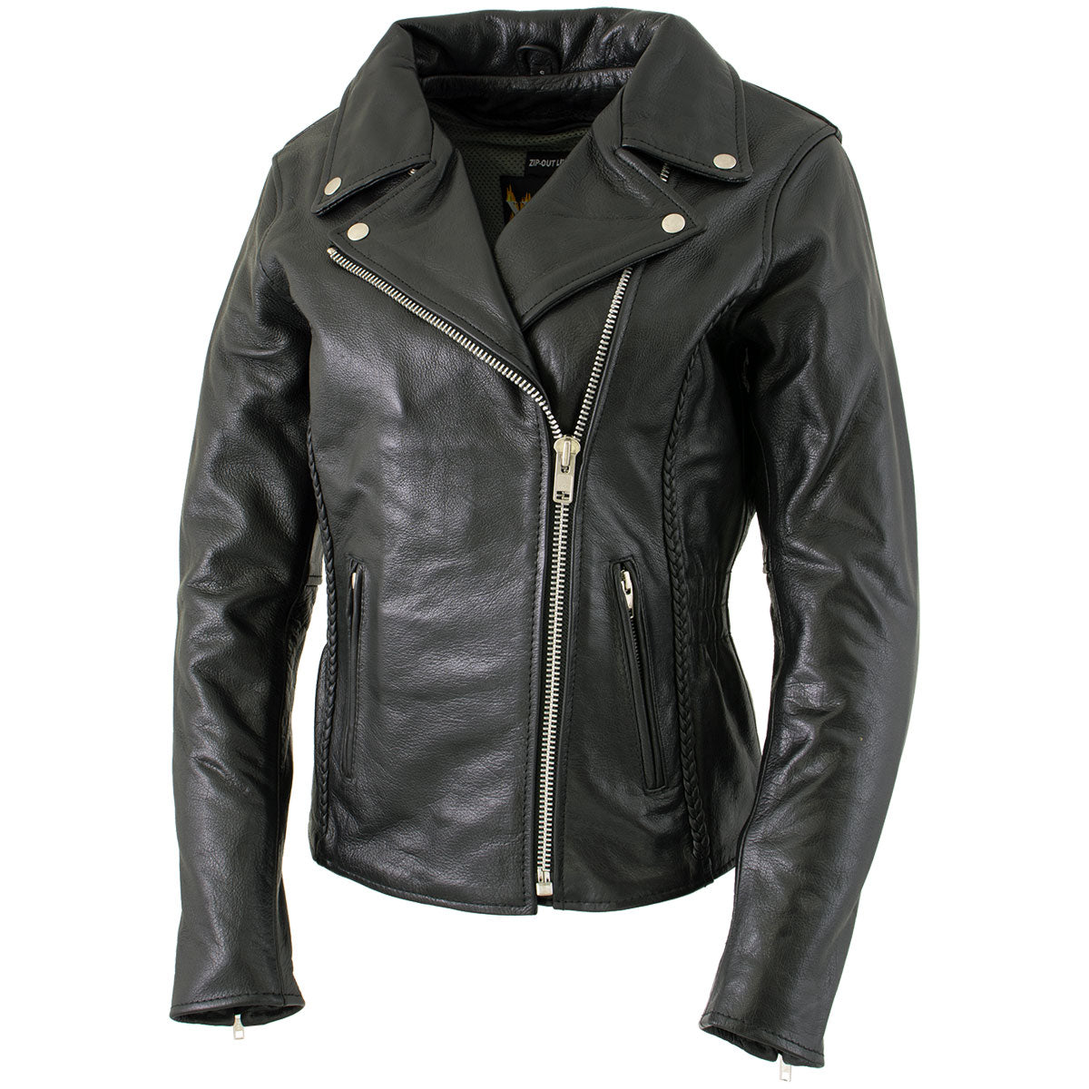 Milwaukee Leather LKL27001 Women's Classic Braided Premium Black Leather Fitted Motorcycle Riders Biker Jacket