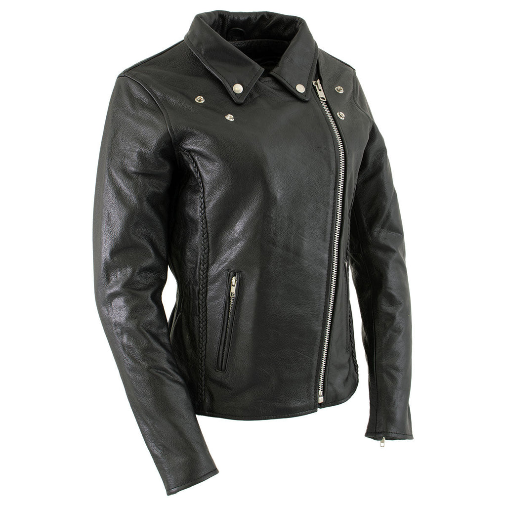 Milwaukee Leather LKL27001 Women's Classic Braided Premium Black Leather Fitted Motorcycle Riders Biker Jacket