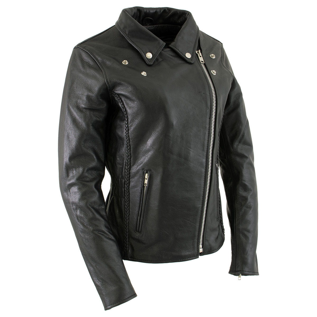 Milwaukee Leather LKL27001 Women's Classic Braided Premium Black Leather Fitted Motorcycle Riders Biker Jacket