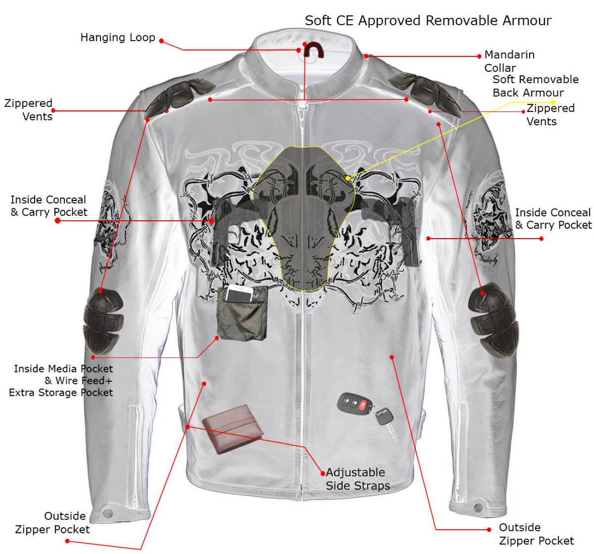 Milwaukee Leather LKM17008 Men's Premium Black Reflective Skulls Cruiser Style Motorcycle Jacket w/ CE Armor