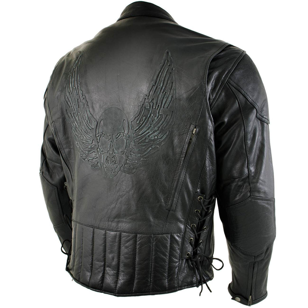 Milwaukee Leather Men's Flying Mayhem Skull Premium Black Leather Motorcycle Riders Jacket w/ CE Armor Protection - LKM17009