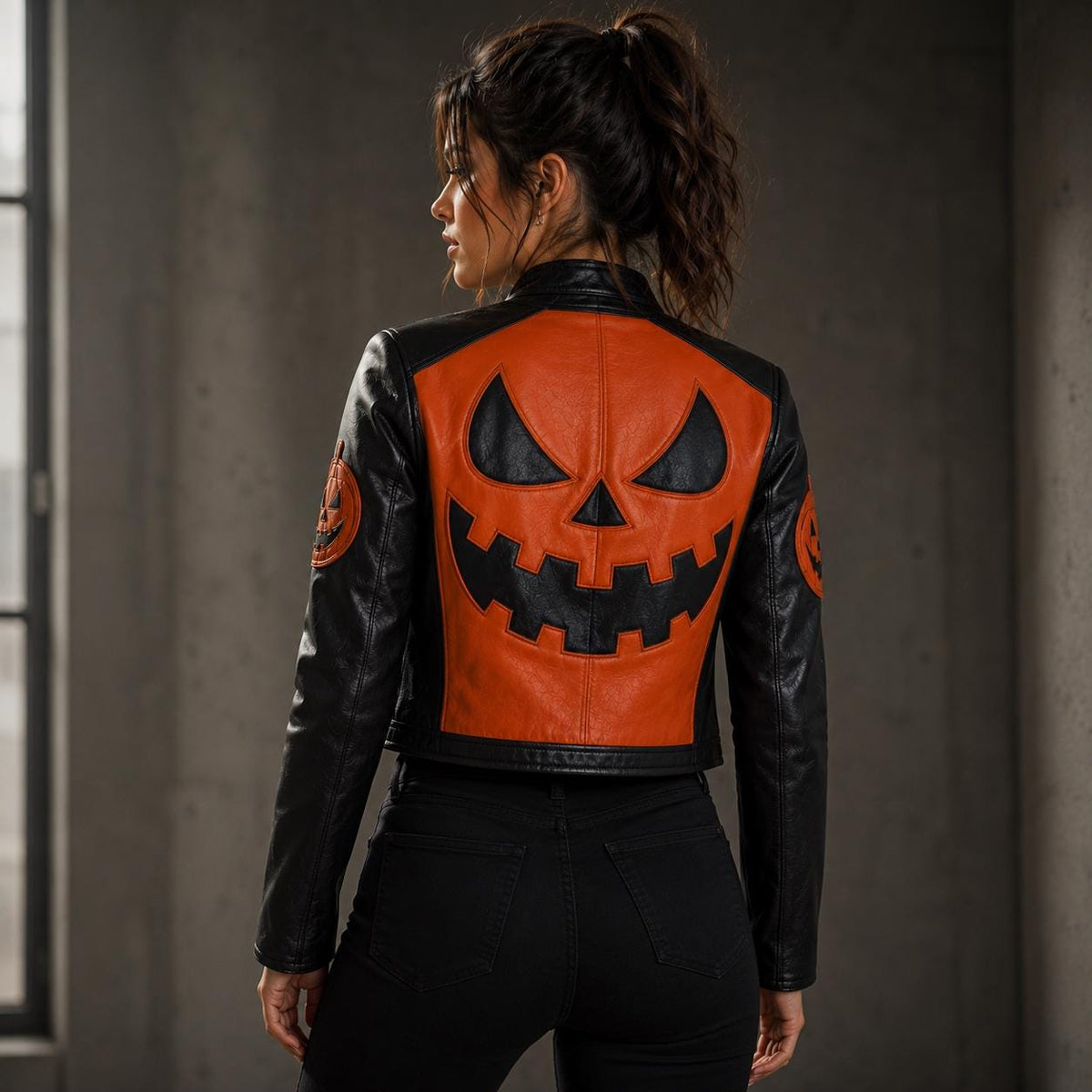 Women Cropped Pumpkin Style Leather Jacket