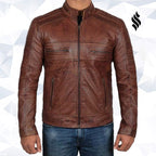 Mens Cognac Brown Motorcycle Distressed Leather Jacket