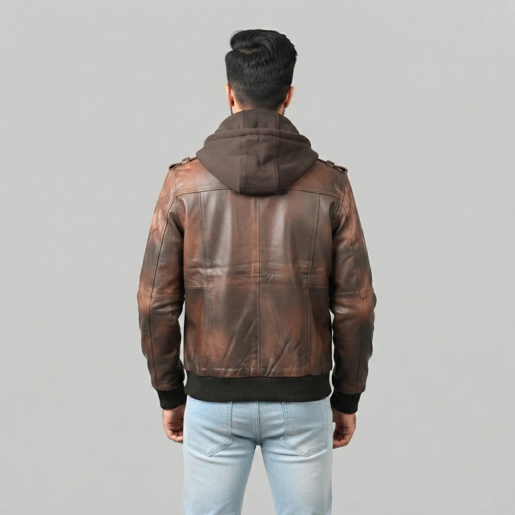Men's Light Brown Leather Hooded Jacket - Leather Outlet
