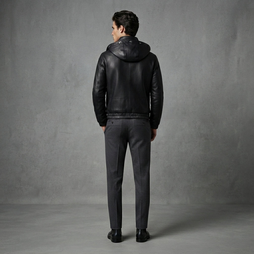 Men's Black Hooded Leather Jacket - Leather Outlet