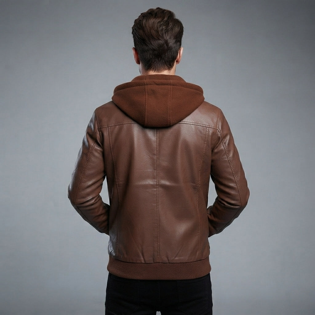 Men's Brown Hooded Leather Jacket - Leather Outlet