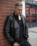 Black Basic Logo Genuine Leather Bomber Jacket