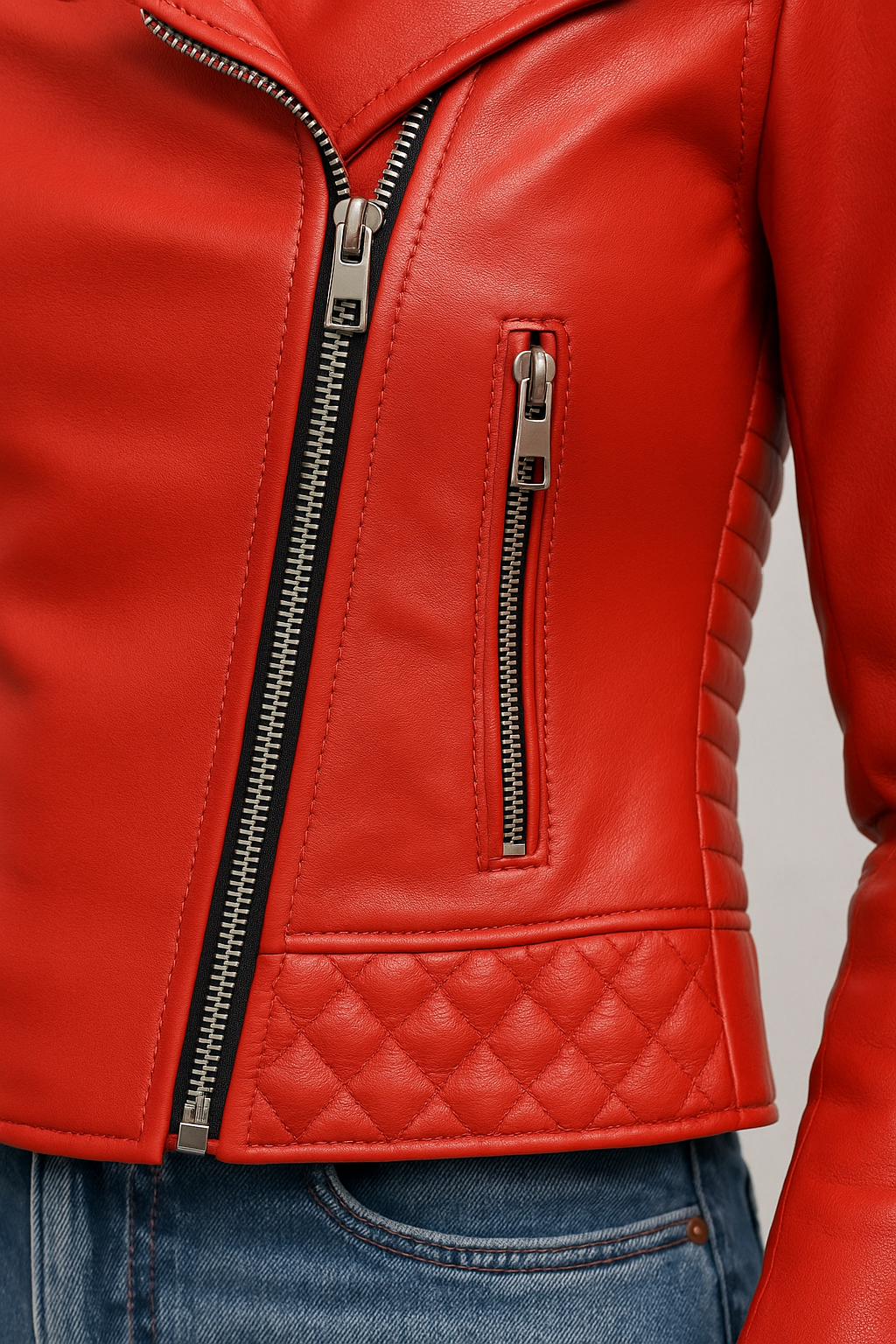 Women Quilted Red Biker Leather Jacket