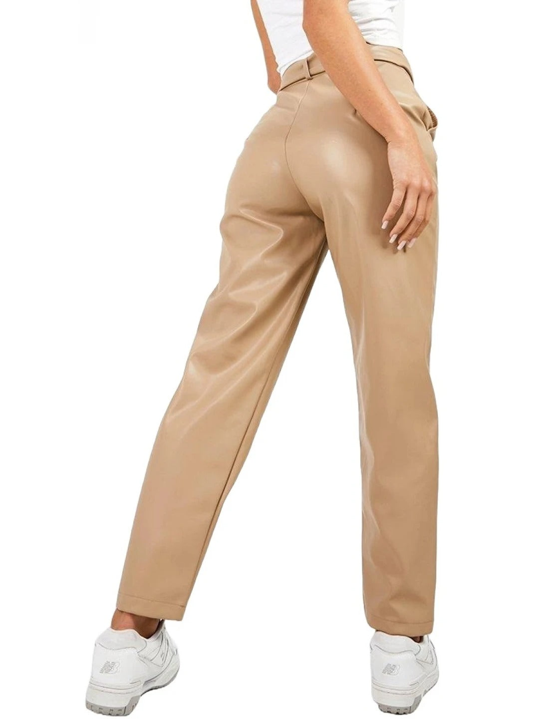 Beige Leather Tapered Trousers with Belt – Sleek & Sophisticated Style